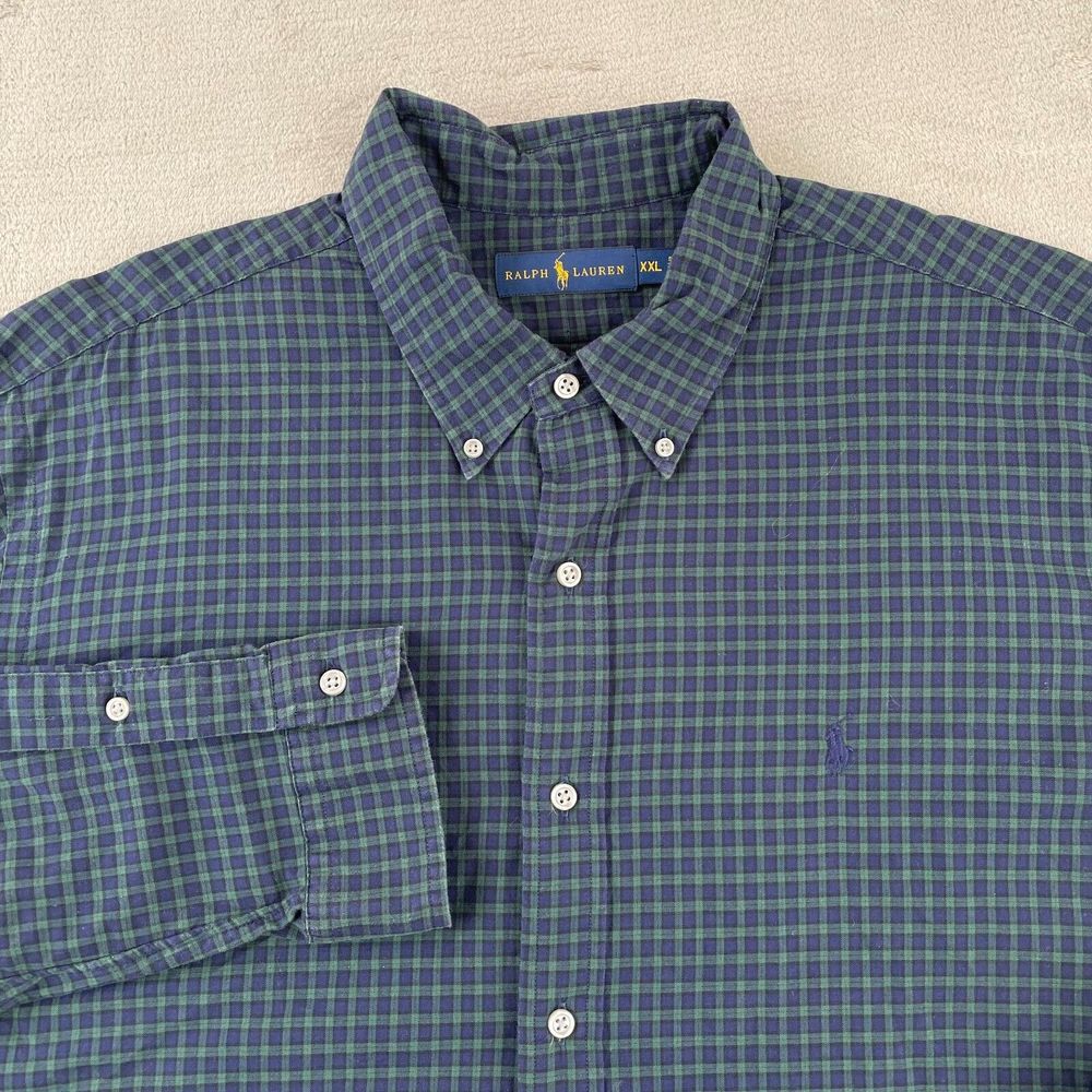 Polo Ralph Lauren Shirt Men 2XL Navy Tartan Plaid Pony Preppy‎ Long Sleeve